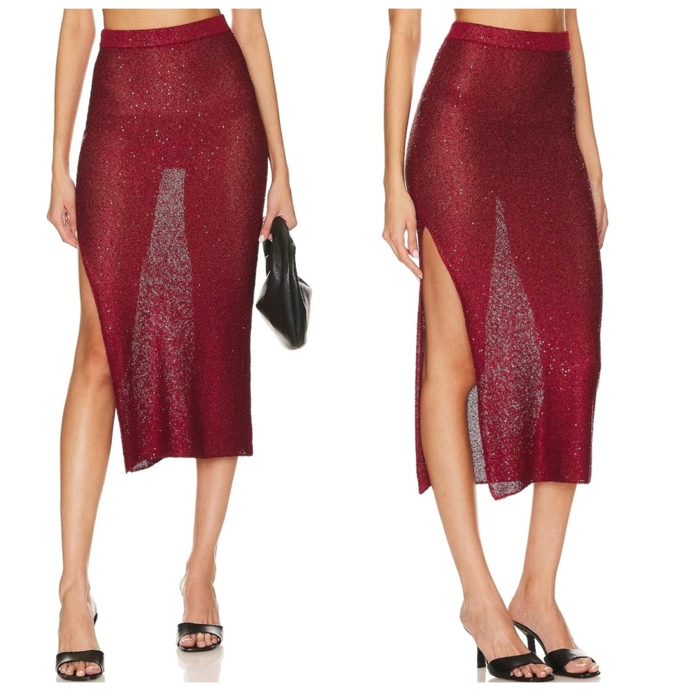 MISA Los Angeles Womens M Vera Skirt Burgundy Semi‎ Sheer Knit Hi Slit Skirt